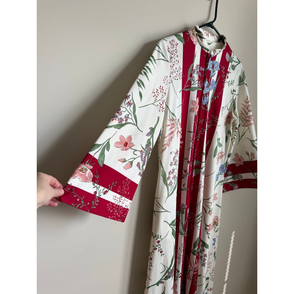 Vintage Georgie Keyloun Floral Kaftan Dress Red Stripe Hawaiian Print Size Small - Picture 2 of 7